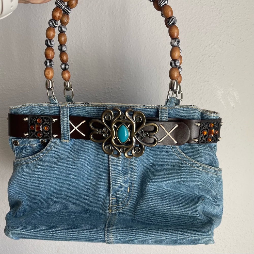 Denim Handbag with Beaded Handles and Turquoise Accent